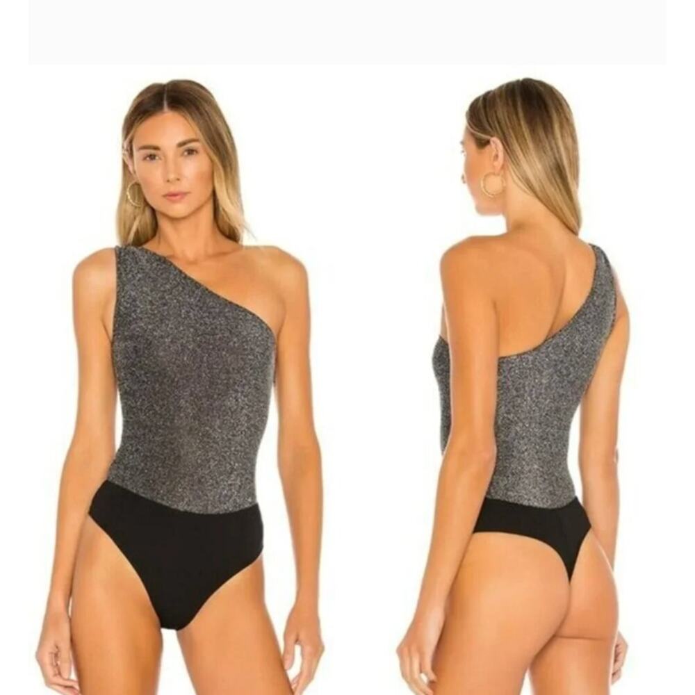 Revolve Lovers + Friends Silver Shimmer One Shoulder Bodysuit Size S